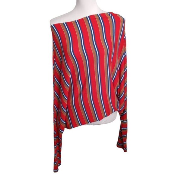 VOILA RED, BLUE, TAN STRIPE OFF-THE-SHOULDER TUNIC SZ.L GUC. - Picture 1 of 7